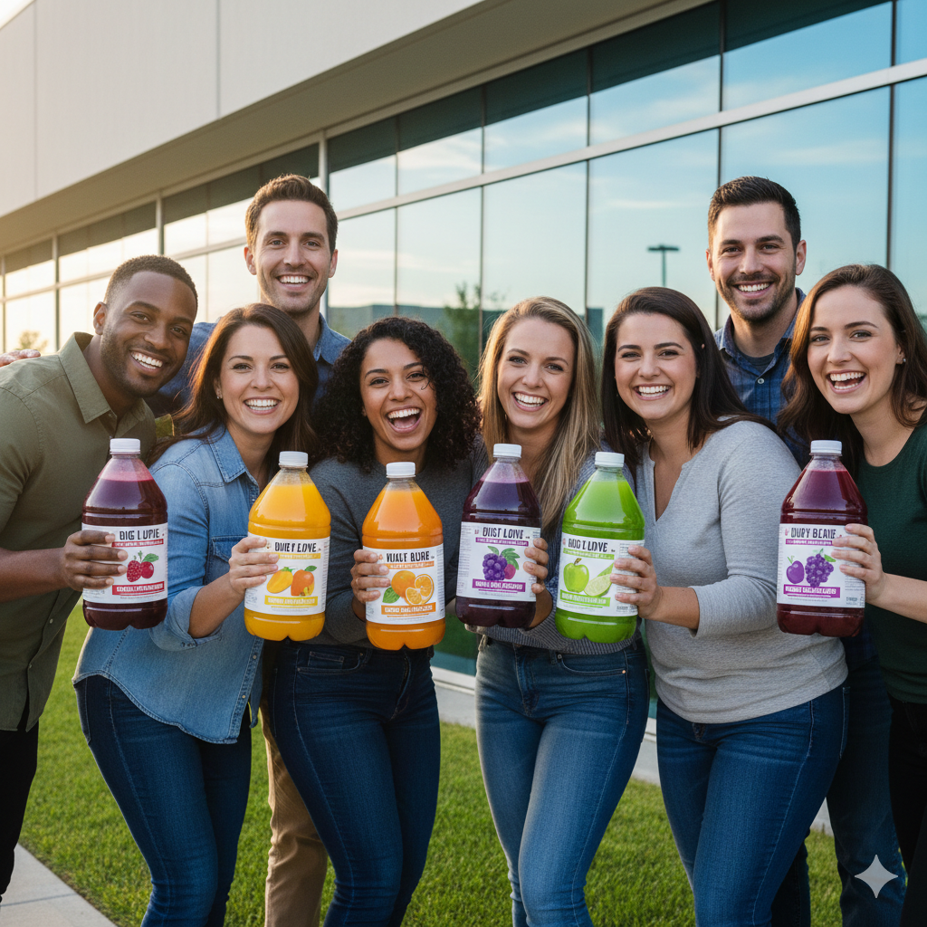 employees holding juice product